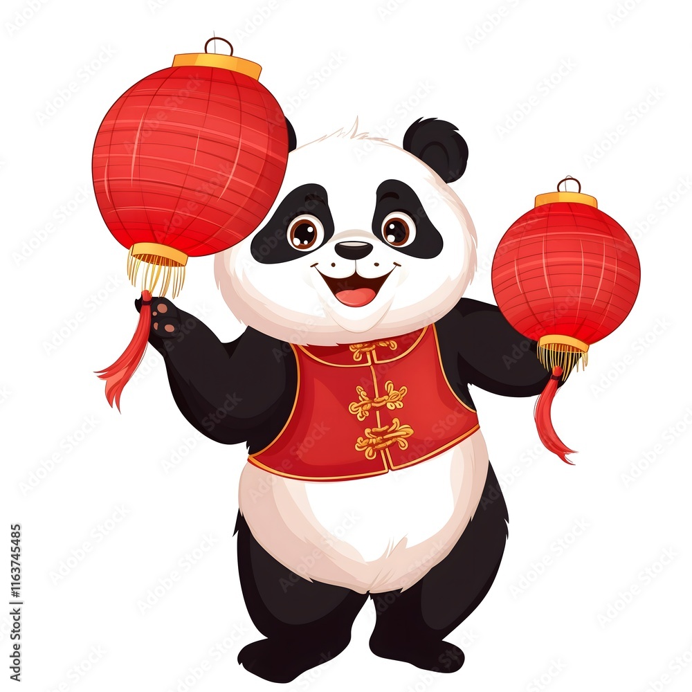 Fototapeta premium Cute Panda Celebrating Chinese New Year: A delightful cartoon panda in a traditional red vest, holding two bright red lanterns, radiating joy and celebrating the Lunar New Year.
