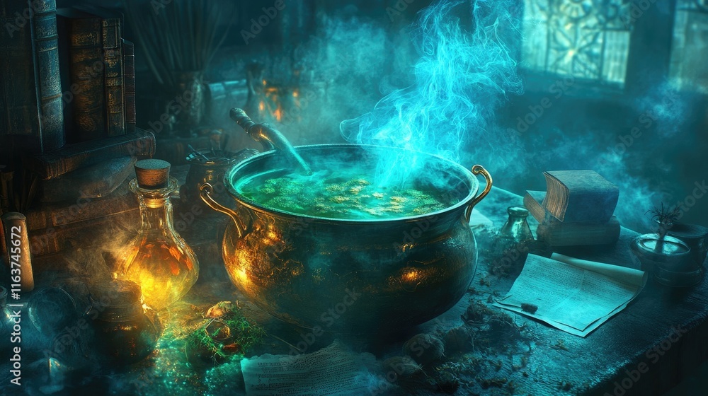 Mystical cauldron brewing glowing potion with smoke in dark alchemist room. Mystical cauldron brewing glowing potion with smoke in dark alchemist room.