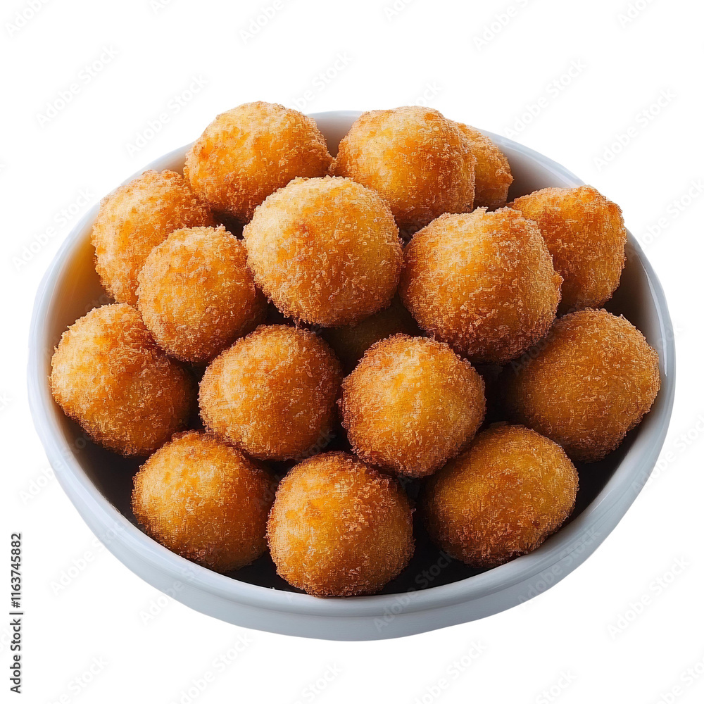 crispy fried balls in white bowl on white background crispy fried balls in white bowl on white background