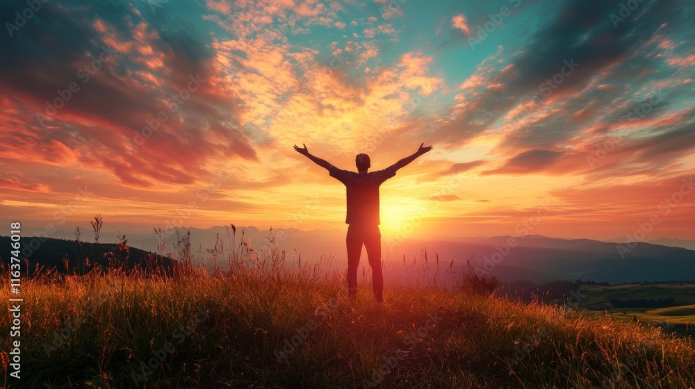 Silhouette of a man with arms raised in the air during a beautiful sunset. Silhouette of a man with arms raised in the air during a beautiful sunset.