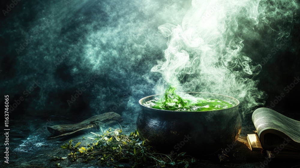 Mystical green potion brewing in cauldron with smoke. Mystical green potion brewing in cauldron with smoke.