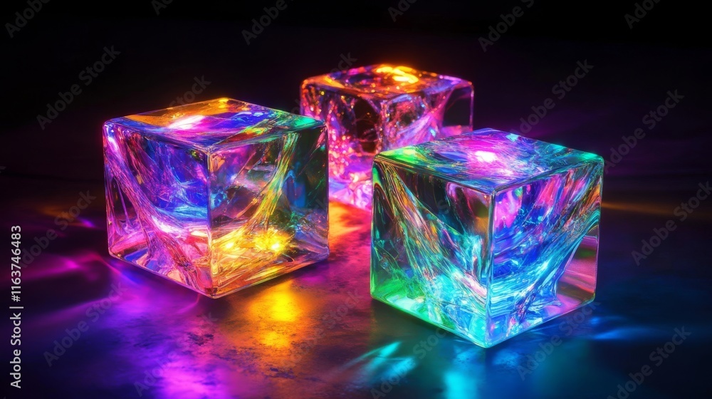 Plastic or glass cubes glowing with neon light in different angle view, clear square box, crystal block, aquarium or exhibit podium, isolated glossy geometric objects, Realistic 3d vector illustration Plastic or glass cubes glowing with neon light in different angle view, clear square box, crystal block, aquarium or exhibit podium, isolated glossy geometric objects, Realistic 3d vector illustration
