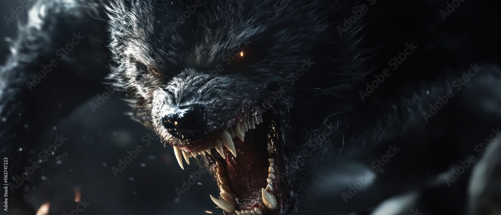 Angry werewolf close-up, snarling, dark fur, glowing eyes. Angry werewolf close-up, snarling, dark fur, glowing eyes.