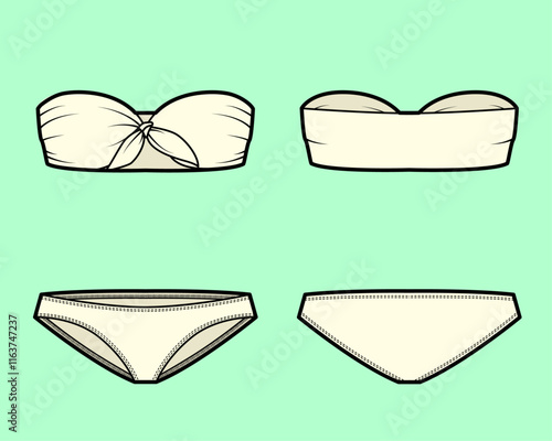 Bra and Pantie two-piece swimsuit flat sketch outline for beachwear and swimwear.