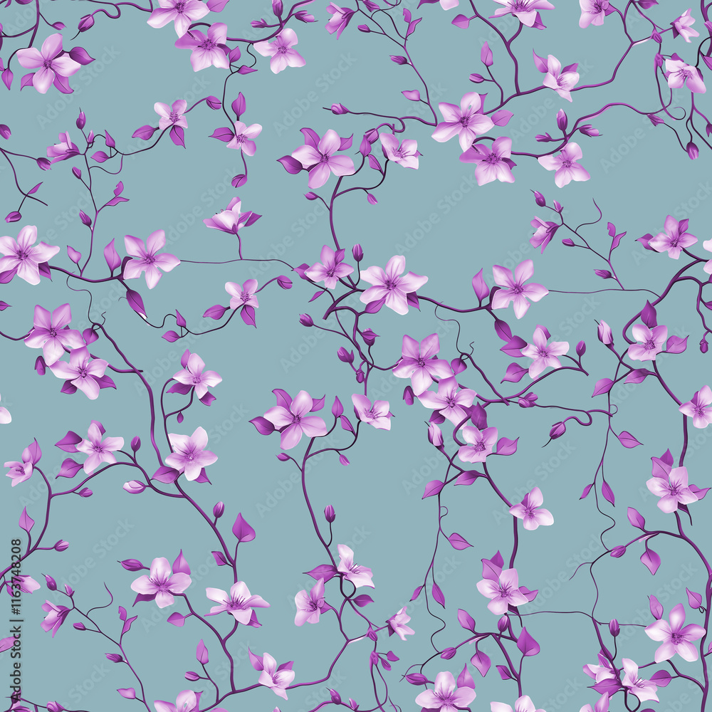 Seamless Pattern Design with Pink Floral Branches and Leaves on a Background – Perfect for Home Textiles, Fabric Design, Wall Decor, Scrapbooking, Digital Paper, Notebooks, and More Seamless Pattern Design with Pink Floral Branches and Leaves on a Background – Perfect for Home Textiles, Fabric Design, Wall Decor, Scrapbooking, Digital Paper, Notebooks, and More