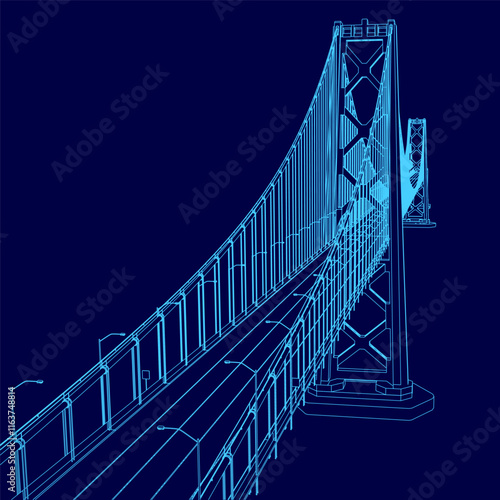 Blue bridge with a train on it. The bridge is very long and has a lot of detail