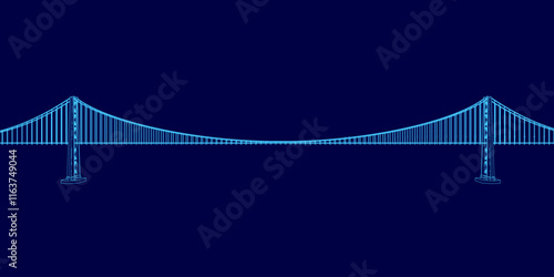 Bridge is shown in blue with a white line running through it. The bridge is very long and is the main focus of the image