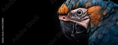 Portrait of a parrot close-up. Head of a blue macaw parrot on a black background. Horizontal banner copyspace photo