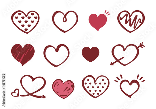 Collection of Valentine's Day vector illustration sets. Happy Valentine's Day, heart shape, cute, geometric, note label, hand drawn doodle speech bubble with love, element, sticker set for poster.