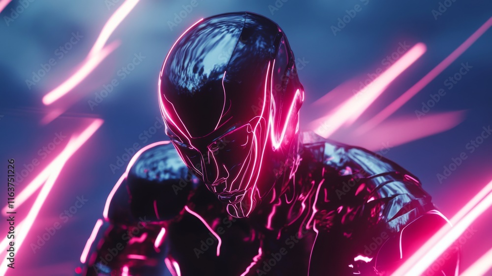 Futuristic robot with pink neon lights.