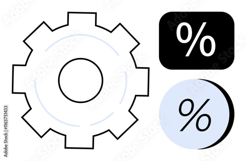 Gear and percentage symbols highlight efficiency and financial metrics. Ideal for business, finance, productivity, engineering, economics, data analysis, presentations. Line metaphor