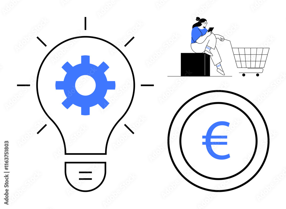 Lightbulb with gear inside, woman sitting on a cube with a cart, Euro sign in circle. Ideal for business strategy, e-commerce, innovation, financial planning, entrepreneurship, creative thinking Lightbulb with gear inside, woman sitting on a cube with a cart, Euro sign in circle. Ideal for business strategy, e-commerce, innovation, financial planning, entrepreneurship, creative thinking