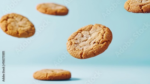 Minimal cookies idea. Delicious cookies floating against a light blue background, perfect for sweet treats. photo