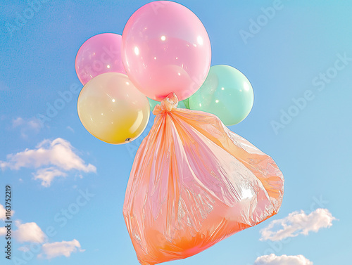 A plastic bag resembling a cluster of pastel balloons floating gracefully against a blue sky with soft clouds. A dreamy and imaginative concept. photo