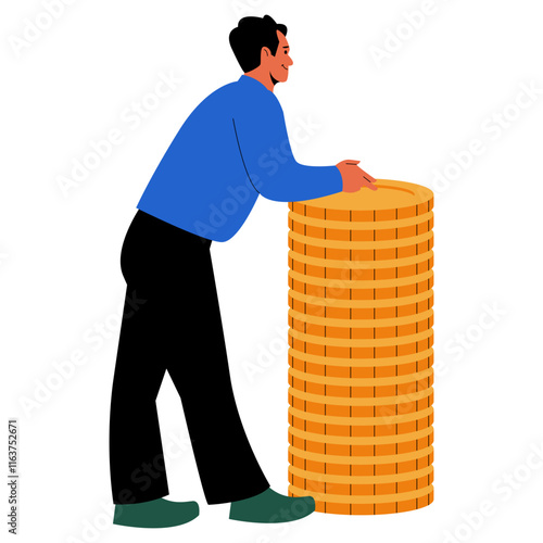 Illustration of a Person Lifting a Large Coin