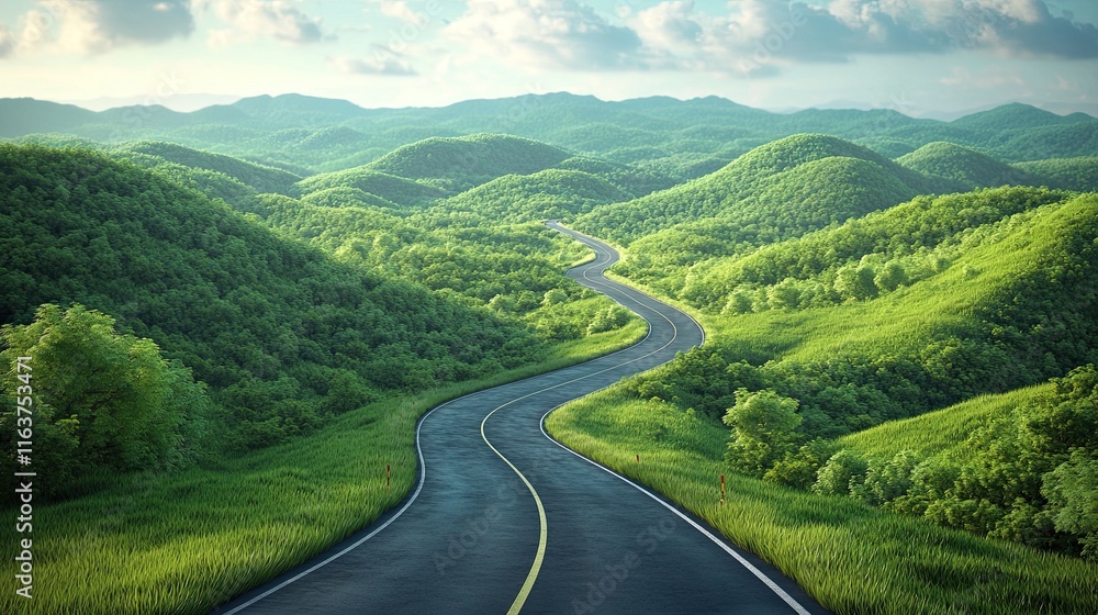 3D road illustration depicting a lush green landscape for travel and tourism in summer, showcasing scenic routes, open roads, and the freedom of exploring nature through road trips and summer 3D road illustration depicting a lush green landscape for travel and tourism in summer, showcasing scenic routes, open roads, and the freedom of exploring nature through road trips and summer