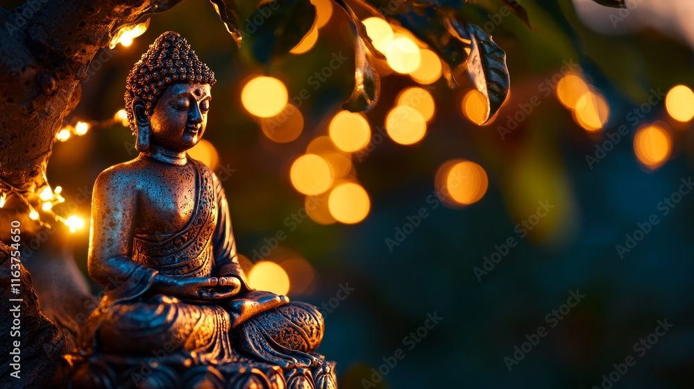 Serene Buddha Statue Seated Under Beautiful Bokeh Lights and Natural Elements Serene Buddha Statue Seated Under Beautiful Bokeh Lights and Natural Elements