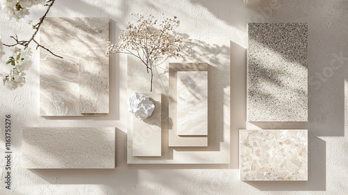 A modern material board with light marble in soft cream