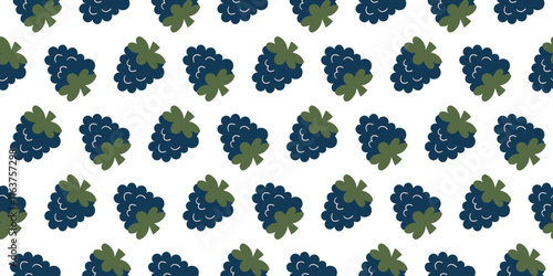 Seamless pattern of dark blue blackberries with green leaves on a white background. Repeating fruit design for textile, wallpaper, wrapping paper, and print