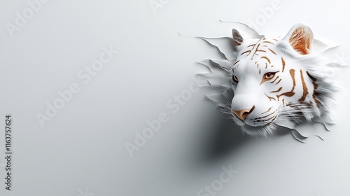 Fototapeta Naklejka Na Ścianę i Meble -  Majestic White Tiger Emerging from a Ripped White Wall: A 3D Render