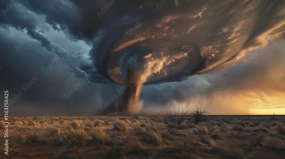 Fototapeta premium A tornado is a powerful, rotating column of air that extends from a thunderstorm to the ground. These intense weather phenomena are characterized by their funnel shape and destructive potential. Torna