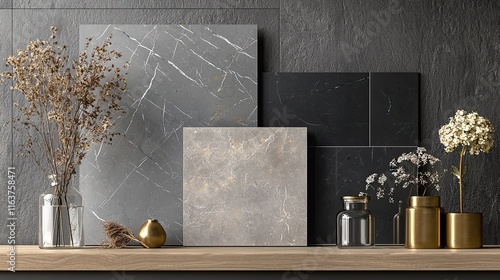 Obraz na płótnie A modern mood board with rich gray marble, charcoal stone, pale ash wood swatches, glossy black tiles, and muted gray walls w salonie