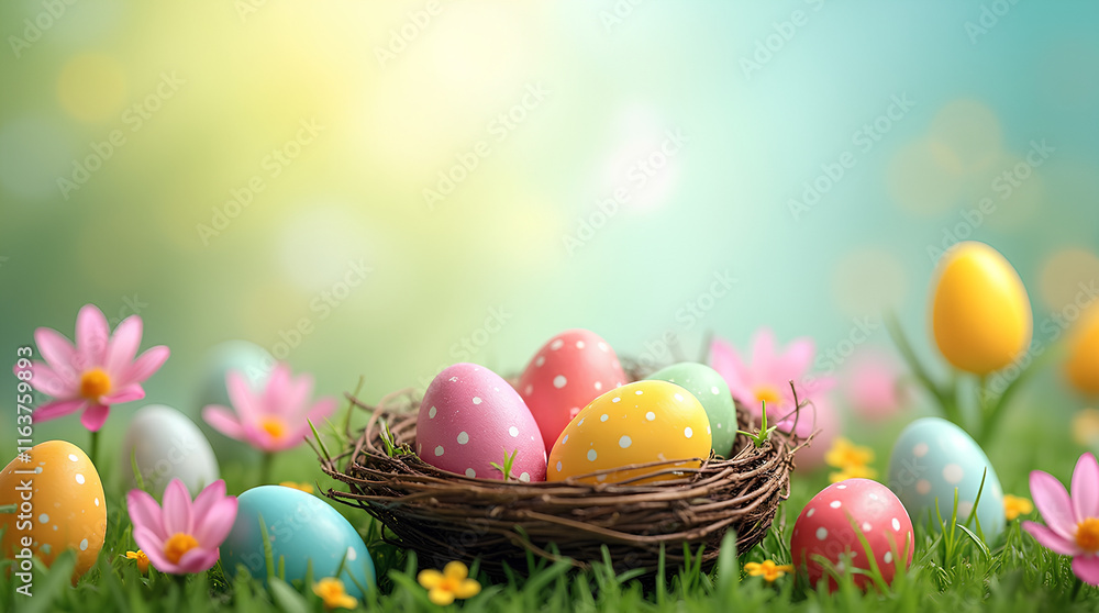 Cheerful easter concept showcasing colorful eggs nestled in a nest surrounded by vibrant spring blossoms. Easter setting space for text Cheerful easter concept showcasing colorful eggs nestled in a nest surrounded by vibrant spring blossoms. Easter setting space for text