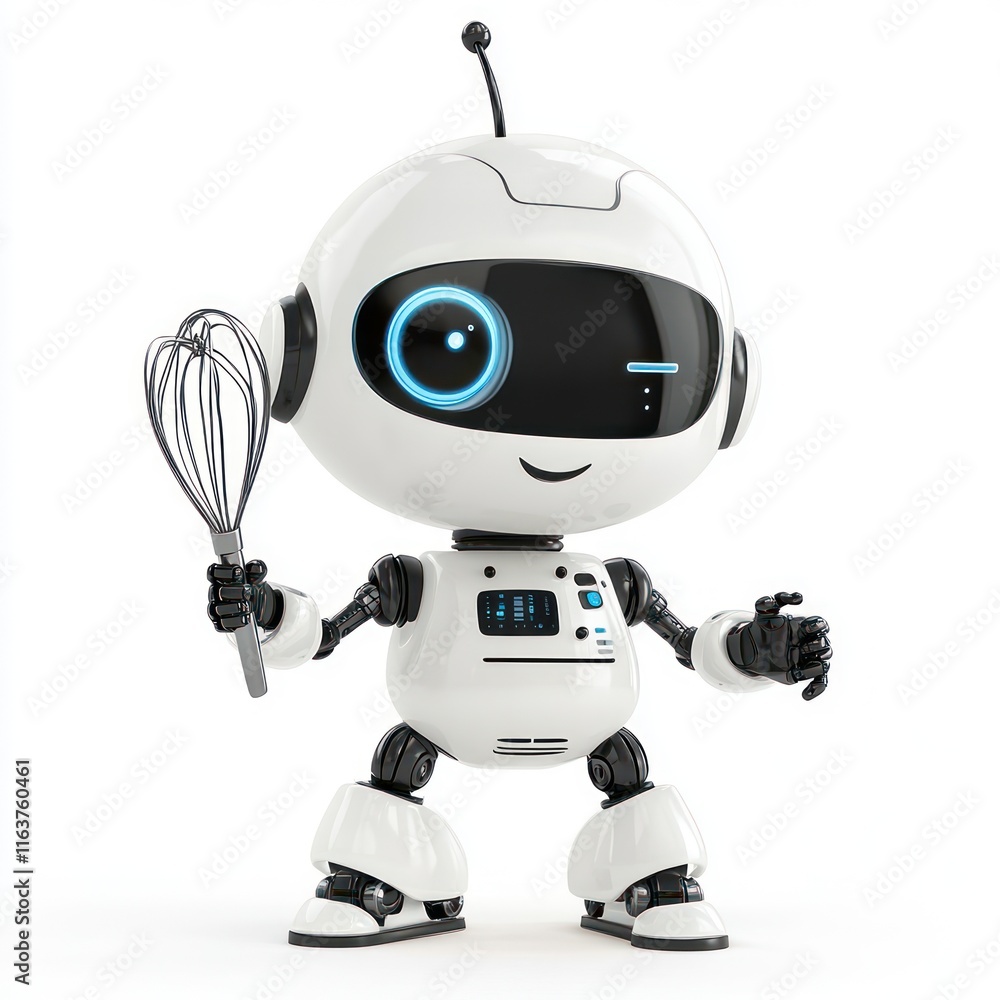Happy robot chef with a spinning whisk arm. vector style art 3d illustration Isolated on White Background Happy robot chef with a spinning whisk arm. vector style art 3d illustration Isolated on White Background