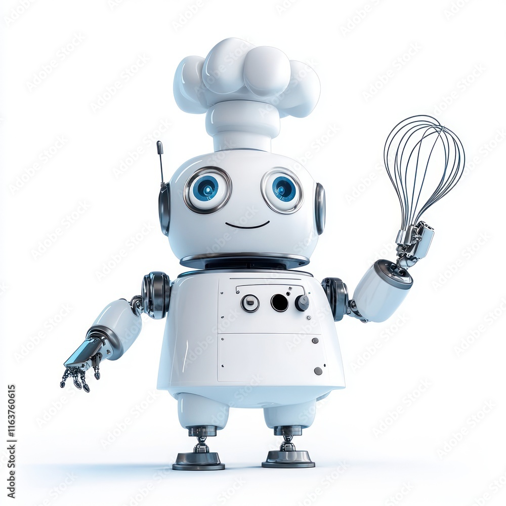 Happy robot chef with a spinning whisk arm. vector style art 3d illustration Isolated on White Background Happy robot chef with a spinning whisk arm. vector style art 3d illustration Isolated on White Background