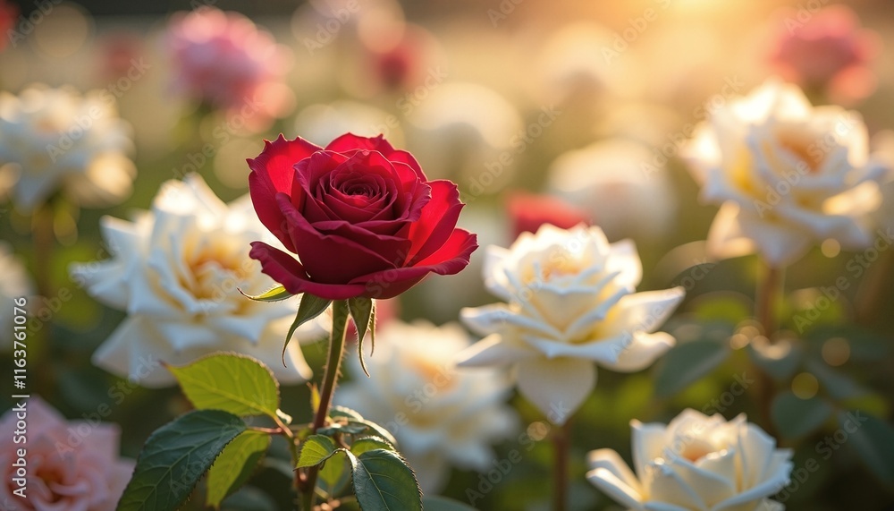Vibrant red rose blooming in sunlit garden, symbolizing romance and natural beauty Vibrant red rose blooming in sunlit garden, symbolizing romance and natural beauty