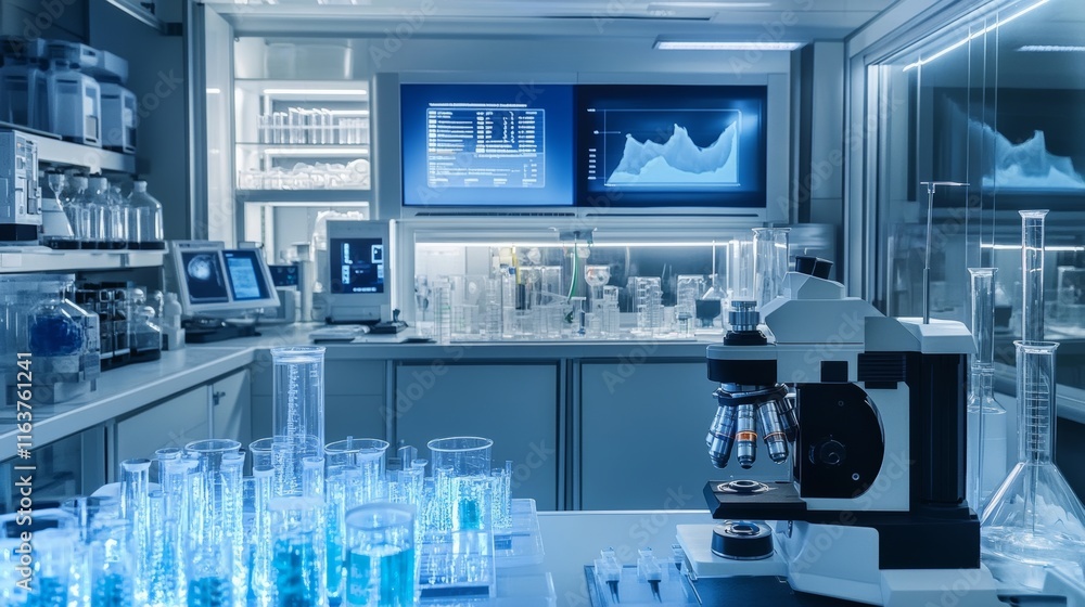 Cryonics laboratory empty interior with equipment and technics, cryo camera with low temperature regime, digital screen with graphs, desk with microscope and glass flasks, Cartoon vector illustration Cryonics laboratory empty interior with equipment and technics, cryo camera with low temperature regime, digital screen with graphs, desk with microscope and glass flasks, Cartoon vector illustration