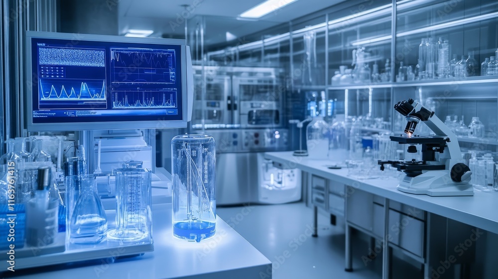 Cryonics laboratory empty interior with equipment and technics, cryo camera with low temperature regime, digital screen with graphs, desk with microscope and glass flasks, Cartoon vector illustration Cryonics laboratory empty interior with equipment and technics, cryo camera with low temperature regime, digital screen with graphs, desk with microscope and glass flasks, Cartoon vector illustration