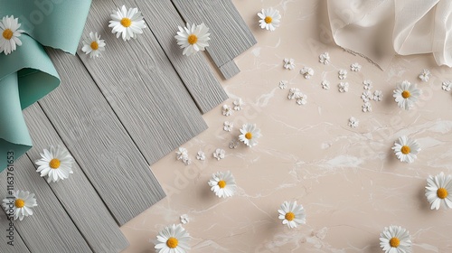 A moodboard with grey oak wood panels, soft teal fabric swatches, polished marble in beige, and tiny white daisies scattered across a light blush backdrop photo