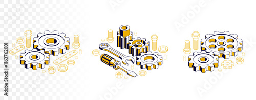 Repair and maintenance concept set, technics service, gears and tools in 3D isometric projection vector illustration, technical mechanical workshop.