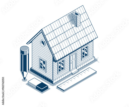 Cottage house for rest project concept, 3D isometric vector illustration of a small house building project, countryside small house cabin in village or nature.