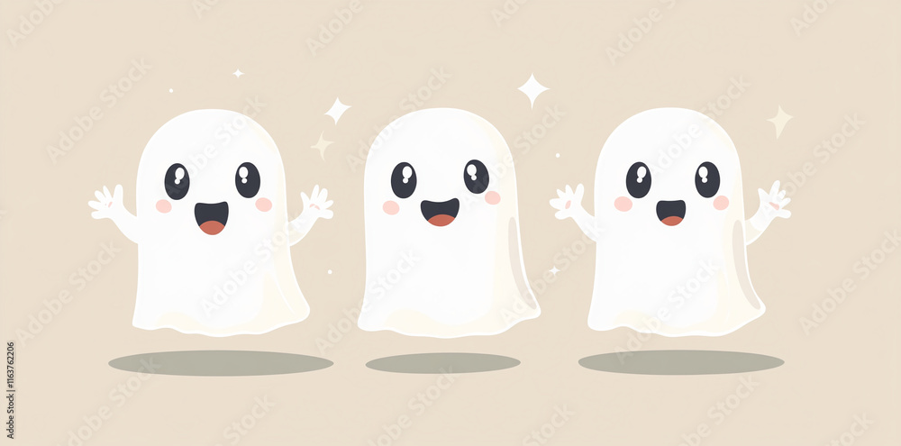 Three playful ghost characters depicting different emotions in a minimalistic design on a light background Three playful ghost characters depicting different emotions in a minimalistic design on a light background