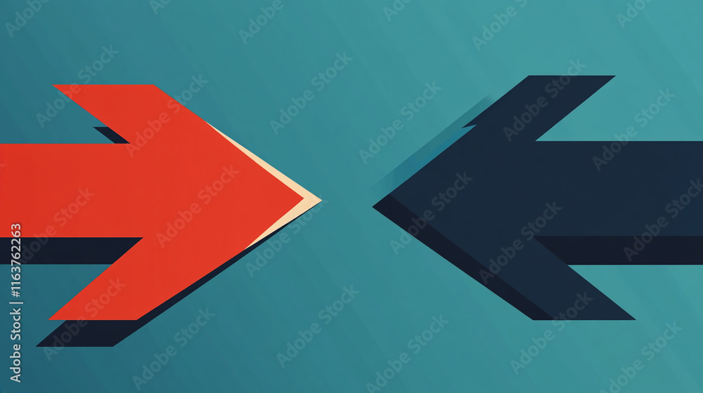 Dynamic contrast between red and blue arrows indicating opposing directions and choices in a modern graphic design style Dynamic contrast between red and blue arrows indicating opposing directions and choices in a modern graphic design style