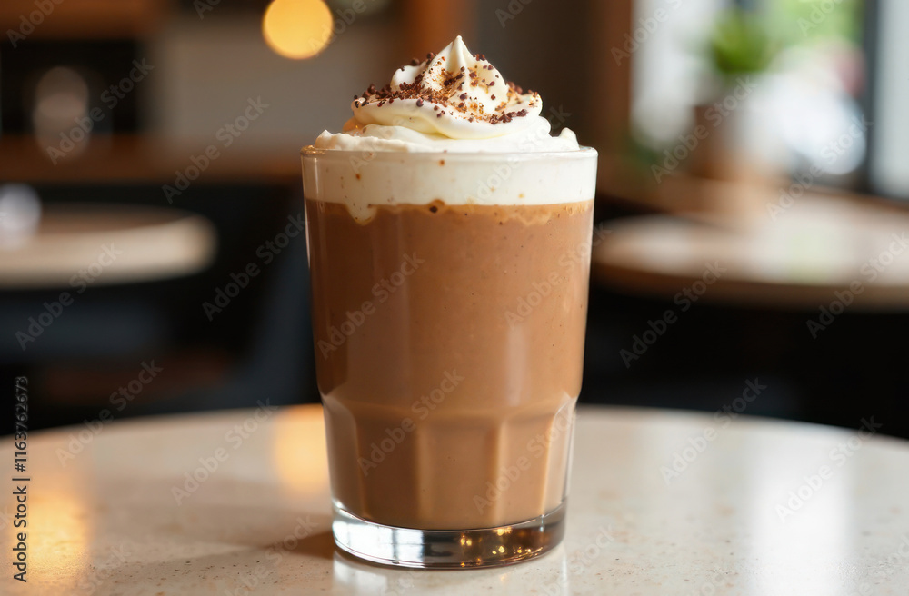 menu poster design, creamy sweet beverage. mocha mousse iced coffee topped with whipped cream in glass, set on neutral-toned cafe table. menu poster design, creamy sweet beverage. mocha mousse iced coffee topped with whipped cream in glass, set on neutral-toned cafe table.