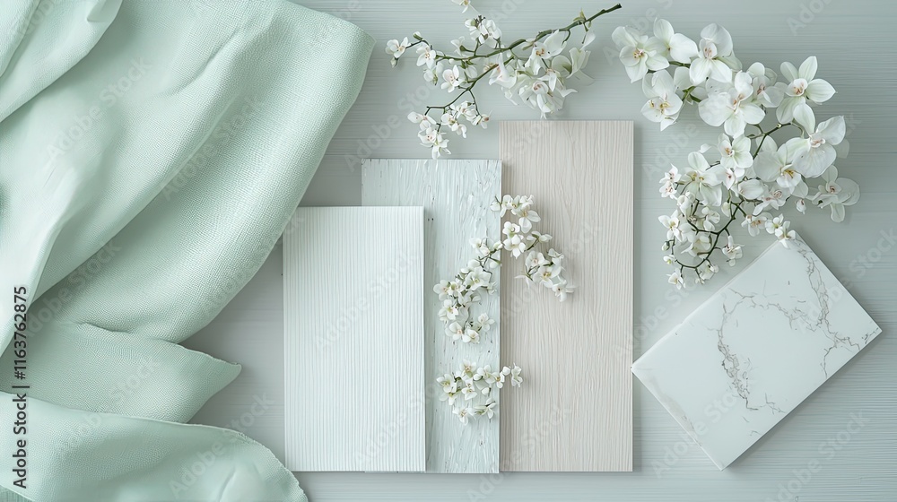 A moodboard with light birch wood panels, soft mint green linen fabric swatches, off-white marble, and tiny white orchids on a pale grey background
