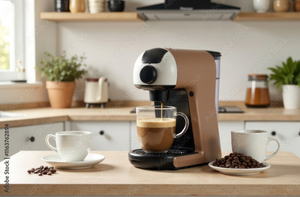 aromatic beverage in cozy home minimalistic interior. mocha mousse coffee maker on kitchen counter, surrounded by cups and beans. aromatic beverage in cozy home minimalistic interior. mocha mousse coffee maker on kitchen counter, surrounded by cups and beans.