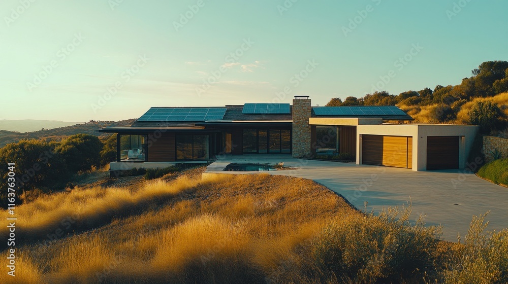 Obraz premium Modern Hillside Home with Solar Panels and Stunning Views