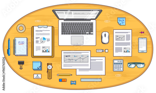 Work desk workspace top view with laptop computer and analytics papers with graphs and data and stationery objects on table. All elements are easy to use separately or recompose illustration. Vector.