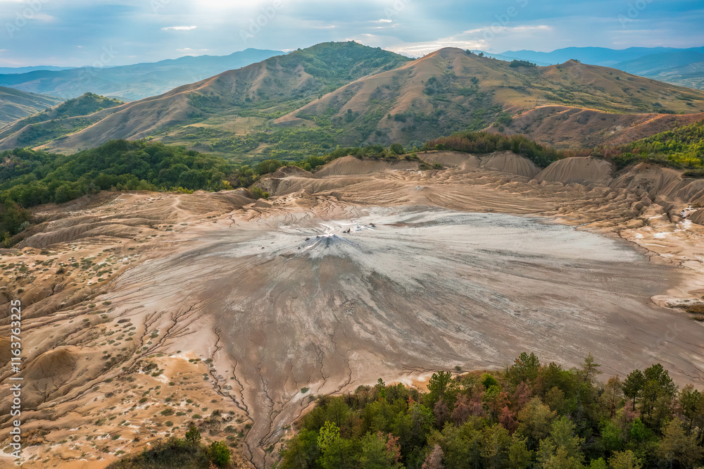 Aerial view and spectacular landscape with mud volcanoes area in Buzau County Romania