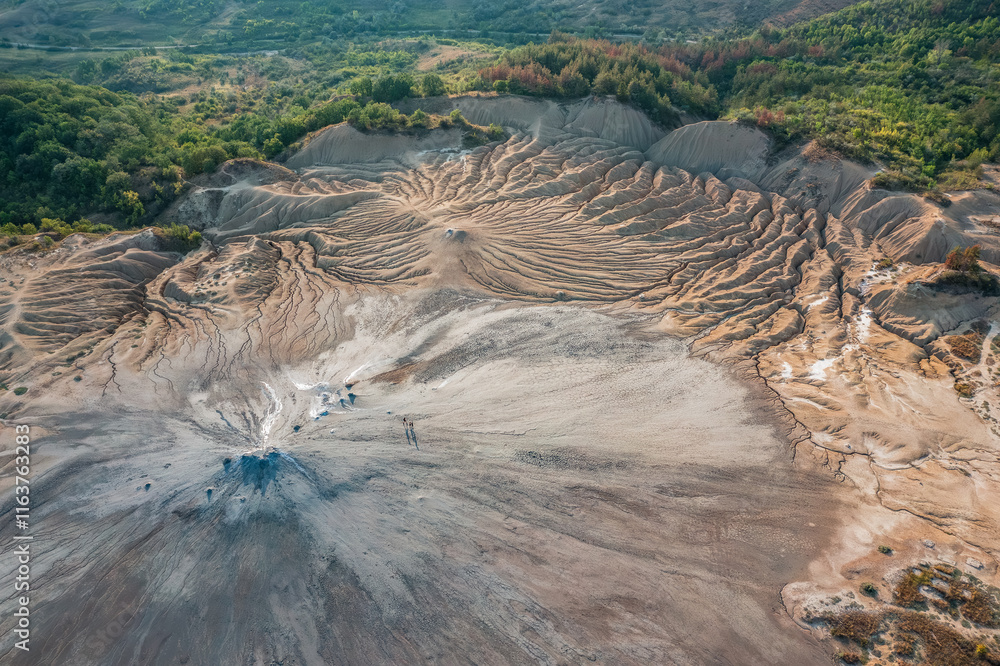 Aerial view and spectacular landscape with mud volcanoes area in Buzau County Romania