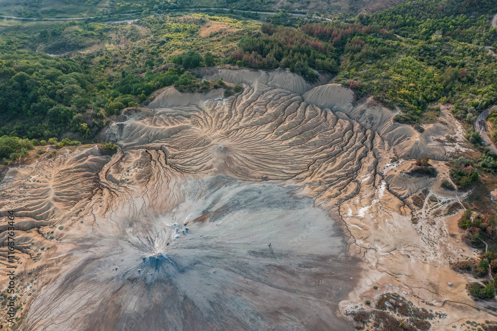 Aerial view and spectacular landscape with mud volcanoes area in Buzau County Romania