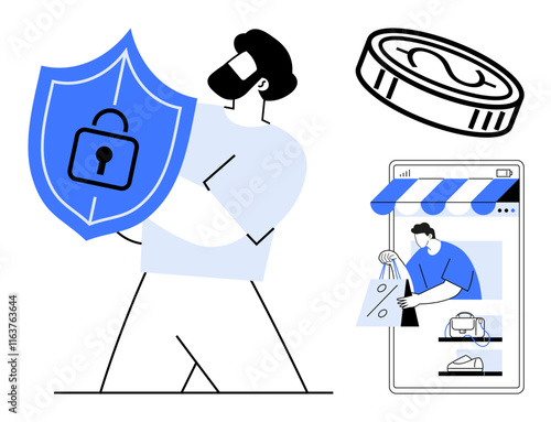 Person holding a blue shield with a lock, representing security. Includes a coin and an online shopping scenario with a person reaching out from a smartphone. Ideal for cybersecurity, secure