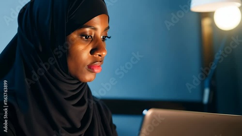 A woman wearing a black hijab working intently on a laptop in a dimly lit room. The blue background and soft screen light create a focused and professional atmosphere photo