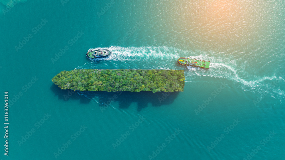 Obraz premium Container ship with green Leave. green transportation industry eco shipping for sustainable energy saving environmental low carbon. Express Cargo Container Ship with contrail in the ocean