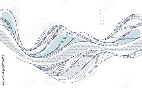 Nature art oriental Japanese style vector abstract background, runny like water shapes and lines with textures.