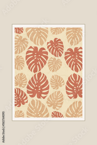 Vintage Tropical Monstera Leaf Pattern in Warm Earthy Tones. Illustration featuring a seamless pattern of Monstera leaves with a retro-inspired design, presented in warm beige and terracotta tones.